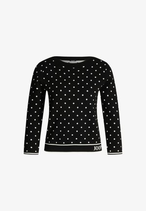Black sweater with white polka dots, round neckline, long sleeves, and a white stripe at the hem featuring the brand name "JOOP." Soft knit material.