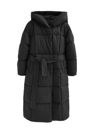 Schwarze Puffjacke mit Kapuze, tailliertem Gürtel, gestepptem Texture und langen Ärmeln. Das Design umfasst breite Einsätze und gerippte Akzente.