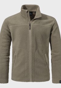 Fleecejacke in olivgrün mit Reißverschluss vorne, stehkragen und Seitentaschen. Strukturierter, weicher Stoff mit einem lässigen Design.