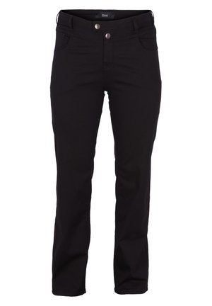 Pantaloni in denim nero con design a gamba dritta, due tasche frontali, due tasche posteriori e chiusura a doppio bottone in vita.
