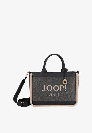 Grå og sort Joop! Jeans tote taske med beige kant, dobbelthåndtag, aftagelig skulderrem og rundt mærket vedhæng.
