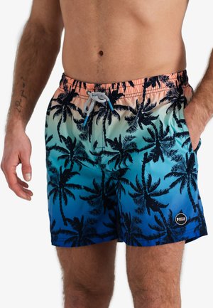 Zwemshorts met een roze en blauwe gradient, voorzien van een palmboomprint, elastische tailleband en koordsluiting. Gemaakt van lichtgewicht materiaal.