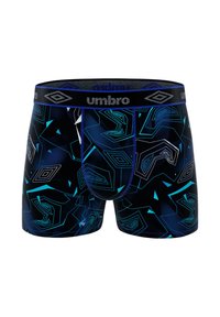 Boxer-briefs noirs avec des motifs géométriques bleus et blancs, une ceinture douce arborant le logo "Umbro", et un design ajusté.