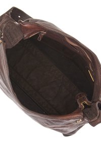 Borsa in pelle marrone con una texture morbida, chiusura con zipper e due scomparti interni. L'interno è foderato con un tessuto scuro.