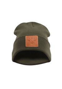 Dark green knit beanie hat with ribbed texture and a brown leather patch featuring crossed tools design on the front.