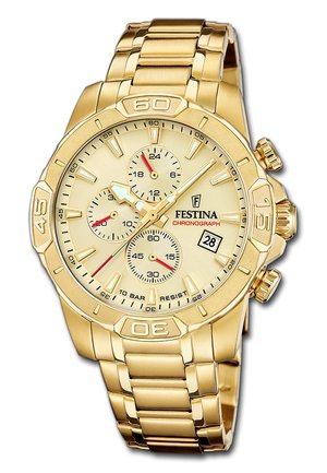 Festina-Chronograph-Armbanduhr in Gold mit beigem Zifferblatt, drei Hilfszifferblättern, Datumsfenster bei 4 Uhr und Metallgliederarmband.