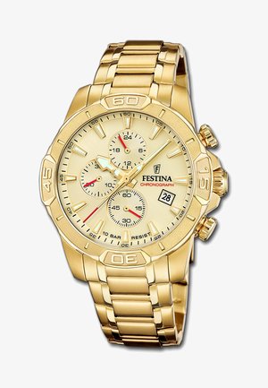 Montre chronographe Festina ton or avec cadran beige, trois sous-cadrans, guichet date à 4 heures et bracelet en maillons métalliques.