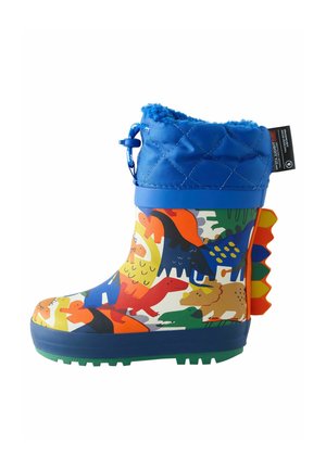 Botte de pluie en caoutchouc imperméable et colorée avec un col matelassé bleu, présentant un motif de dinosaure et des accents de talons orange en forme de vagues.