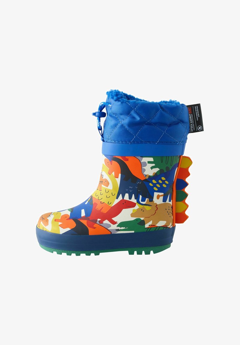Bunter Kinder-Gummistiefel mit Dinosauriermustern, blauem gesteppter Umschlag und mehrfarbigen Dinosaurierspitzen auf der Rückseite.
