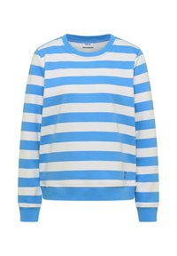 Sweat-shirt rayé bleu clair et blanc, avec col rond et poignets côtelés. Confectionné dans un tissu doux avec une coupe décontractée.