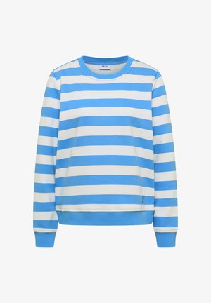 Gestreifter Pullover in Hellblau und Weiß mit Rundhalsausschnitt und gerippten Bündchen. Hergestellt aus weichem Stoff mit lockerem Sitz.