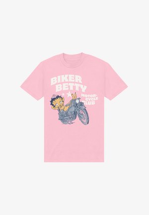 Rosa t-shirt med en tegneseriefigur på en motorcykel. Teksten lyder "Biker Betty Motorcycle Club" i fed hvide og blå bogstaver.