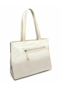 Borsa tote beige con due manici lunghi, dotata di una tasca frontale con zip e una texture liscia, forma rettangolare strutturata.