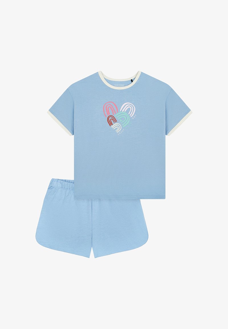 Conjunto de dos piezas de algodón azul claro que incluye una camiseta de manga corta con un gráfico de arcoíris en forma de corazón y pantalones cortos a juego con cintura elástica.