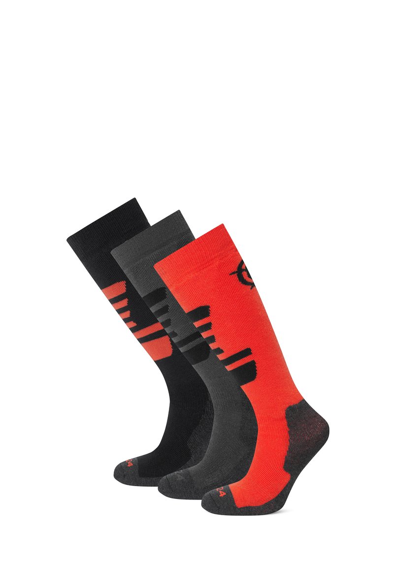 Three pairs of socks: one black with red accents, a darker gray pair, and a red sock with black patterns and logo. All mid-calf length.
