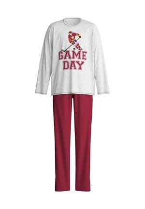 Graues Langarmshirt mit einem Hockeyspieler und dem Text "GAME DAY" über roten Pyjamahosen.