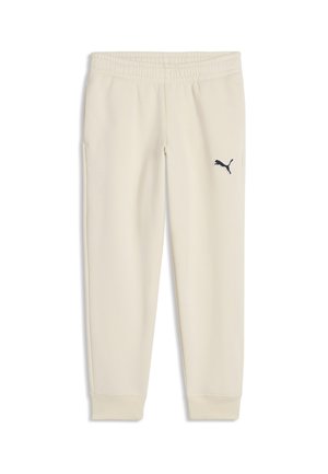Pantalon de jogging beige à taille élastique, avec poignets aux chevilles et petit logo noir Puma sur la partie supérieure de la cuisse gauche.