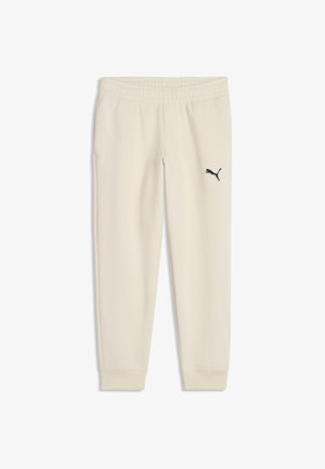 Beige joggingbukser med elastisk talje, manchetter ved anklerne og et lille sort Puma-logo på øverste venstre lår.
