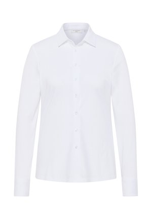 White long-sleeve shirt, made of smooth cotton with a pointed collar, seven-button front closure, and buttoned cuffs. Classic fit design.