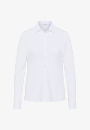 Weißes Langarmhemd aus glattem Baumwollstoff mit spitzem Kragen, siebenknöpfigem Frontverschluss und geknöpften Manschetten. Klassische Passform.