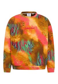 Multikleurige sweatshirt met een levendig abstract patroon in tinten roze, oranje, groen en bruin. Ronde hals en geribbelde manchetten.