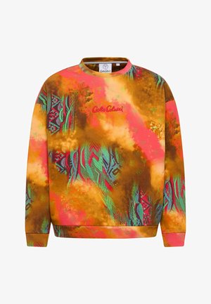 Multifarvet sweatshirt med et levende abstrakt mønster i nuancer af pink, orange, grøn og brun. Rund hals og ribbede manchetter.