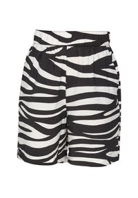 Shorts en imprimé zèbre noir et blanc avec une taille élastique, coupe décontractée, tissu léger et motif à rayures horizontales.
