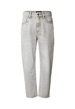 Jean en denim gris clair à coupe décontractée, avec une taille haute, cinq poches et un léger effet délavé. Coutures distinctives le long des coutures.