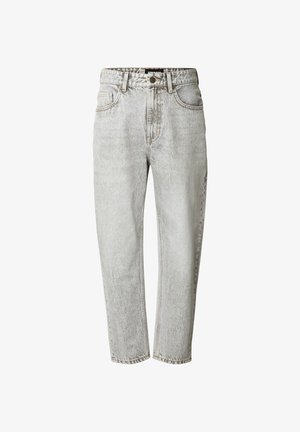 Jean en denim gris clair à coupe décontractée, avec une taille haute, cinq poches et un léger effet délavé. Coutures distinctives le long des coutures.