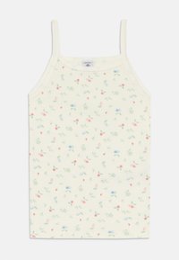 Balts bezpiešu krekls ar plānām siksnām, ar pasteļa ziedu rakstu sarkanā, zilā un zaļā krāsā uz krēmkrāsas fona. Mīksta auduma tekstūra.