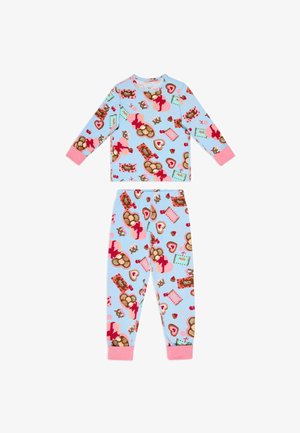 Pigiama a maniche lunghe per bambini, blu con polsini rosa, decorato con motivi colorati di cioccolatini, cuori, ciliegie e design a tema caramelle.