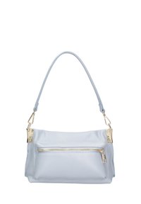 Borsa a tracolla in pelle azzurro chiaro, con una sola tracolla, presenta una tasca frontale con zip e dettagli in oro. Texture liscia e forma rettangolare.