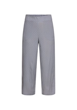 Pantalon à jambes larges avec un motif géométrique hexagonal bleu et blanc et une taille élastique, présenté sur un fond blanc.