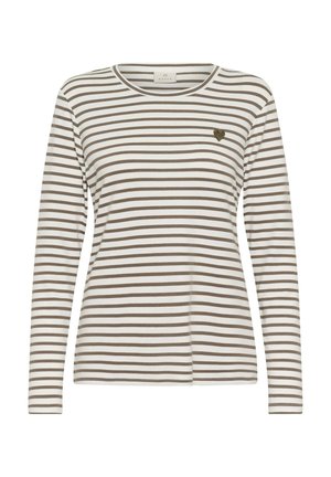 Camisa de manga larga a rayas en crema y marrón, con un cuello redondo y un pequeño detalle bordado de un corazón en el lado izquierdo del pecho.