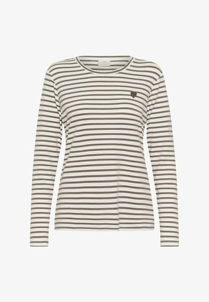 Camisa de manga larga a rayas en crema y marrón, con un cuello redondo y un pequeño detalle bordado de un corazón en el lado izquierdo del pecho.