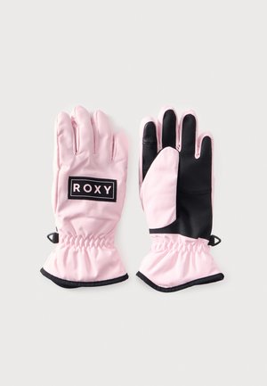Par de guantes de invierno rosas con agarres negros en la palma y el nombre de la marca "ROXY" en la parte trasera de un guante.