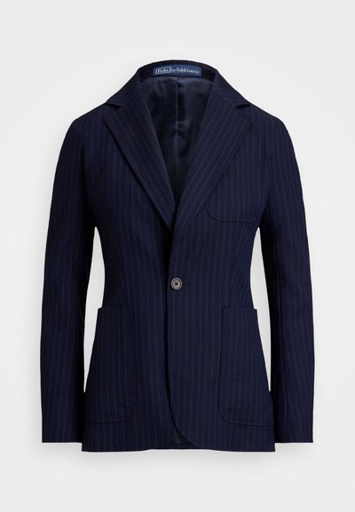 Navy pinstriped blazer made of fabric with a smooth texture. Features a notch lapel, two front pockets, and a single button closure.