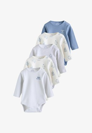 Viis soonikkoes bodysuiti pika varrukaga beebidele sinistes ja valgetes toonides, üks valge siniste trükkidega, üks hall ja üks valge eeskirjutusega "100% armas", paigutatud kattuvateks.