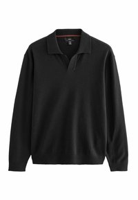 Zwarte lange mouwen trui met een V-hals col en een geribbelde textuur. Kenmerkt zich door minimale stiksels en elastische manchetten en zoom.