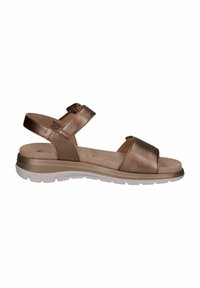 Sandali in bronzo metallizzato con due ampi cinturini, cinturino alla caviglia regolabile e suola bianca. Sottopiede morbido con texture liscia.