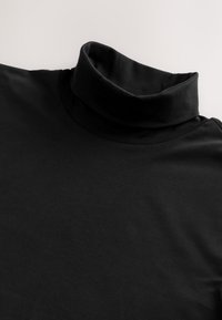 Sort rullekrave trøje lavet af blødt, elastisk stof; har en høj krave og glat tekstur, med et enkelt og minimalistisk design.