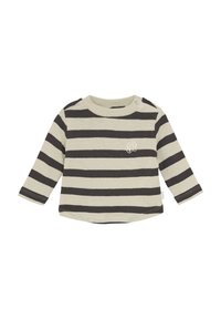 Lange mouw shirt in lichtbeige met donkerbruine horizontale strepen, ronde hals, en een klein logo-detail op de borst. Zachte stoftextuur.