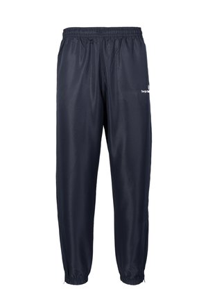 Navy blue, lightweight tracksuit pants with an elastic waistband, cuffed ankles, and sleek, smooth texture. Features a small logo.