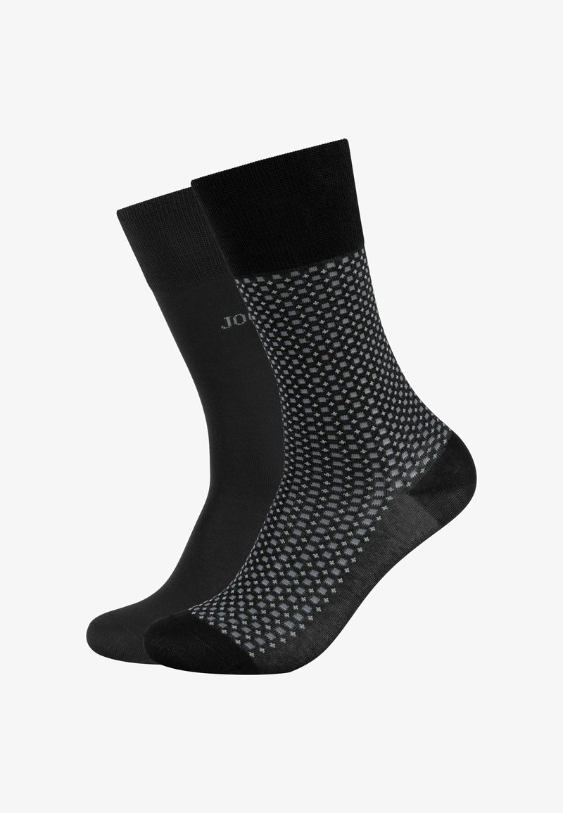 Black socks with a smooth texture, one solid and one featuring a grey dotted pattern. Both have a reinforced toe and cuff.