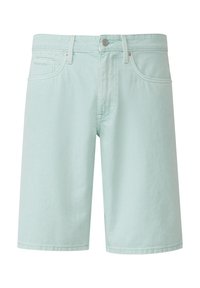Shorts en denim vert menthe clair à coupe droite, cinq poches et fermeture éclair classique. Présente des coutures discrètes et des accessoires en métal.