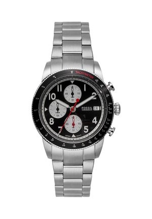 Herre Fossil kronografur med sort urskive, sølv subskiver, rød sekundviser, datovisning og rustfrit stålkæde.
