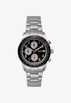 Orologio cronografo da uomo Fossil con quadrante nero, sub-quadranti argento, lancetta dei secondi rossa, indicatore della data e bracciale a maglie in acciaio inox.