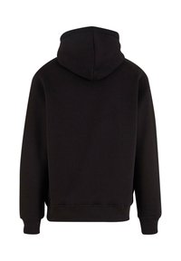 Felpa nera con una texture liscia, dotata di cappuccio, maniche lunghe e polsini e orlo a coste. Il retro è semplice e privo di decorazioni.