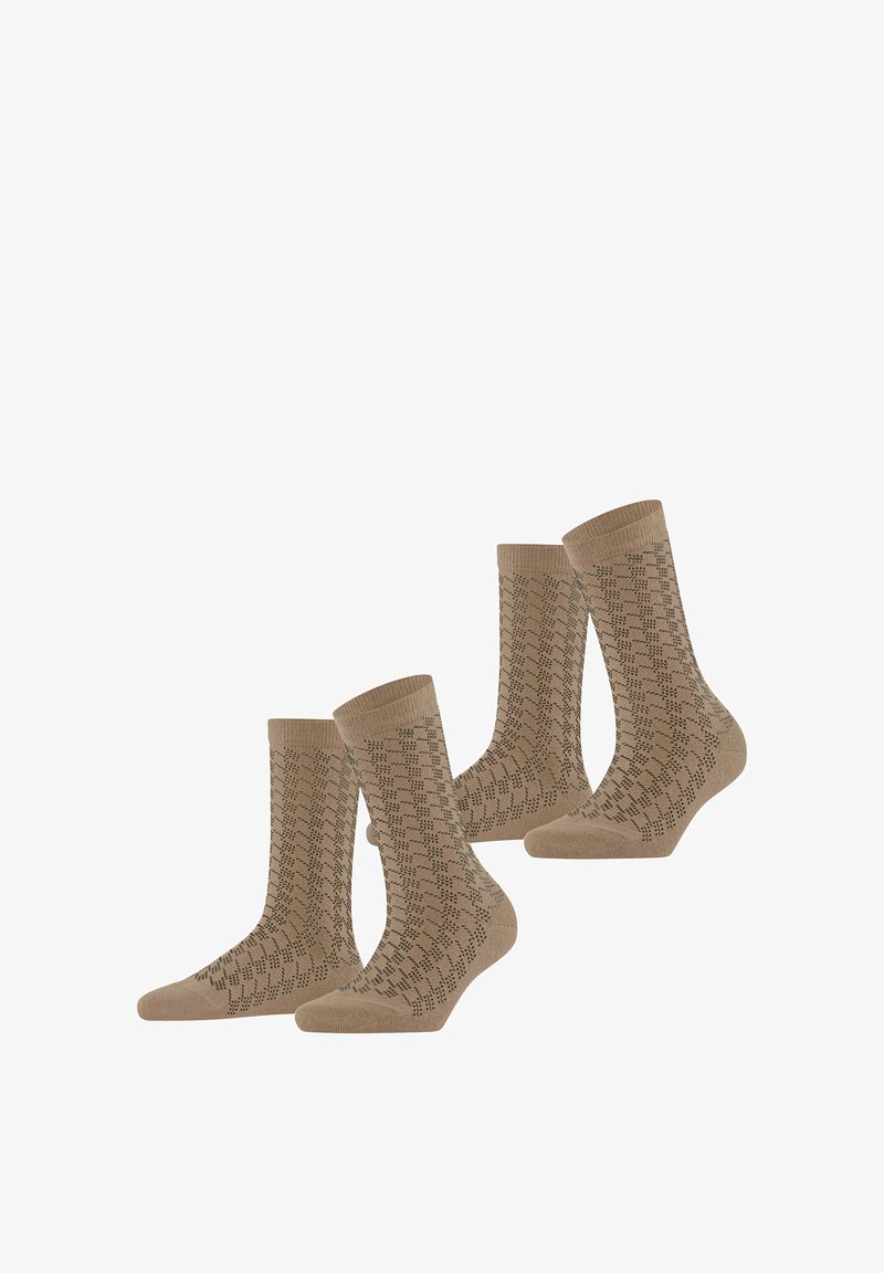 Cztery pary jasnobrązowych skarpetek z teksturowanym wzorem diamentowym, ściągaczami i gładkim wykończeniem materiału.