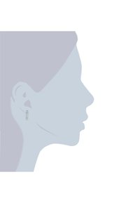 Orecchino a cerchio in argento con una texture liscia e lucida, appeso verticalmente, posizionato all'interno di una silhouette stilizzata di una testa umana.